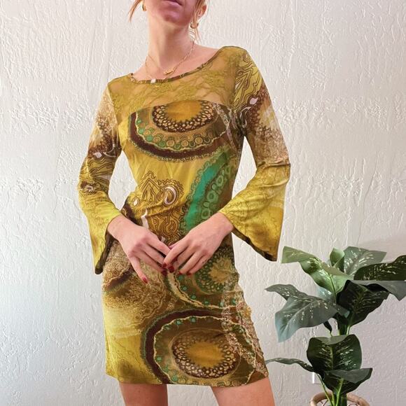 Y2K Green Paisley Printed Flare Sleeve Stretch Mini Dress - Picture 1 of 6